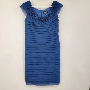 Adrianna Papell Blue Tiered Ruffle Sheath Dress Rosette Neckline 12 Whimsigoth